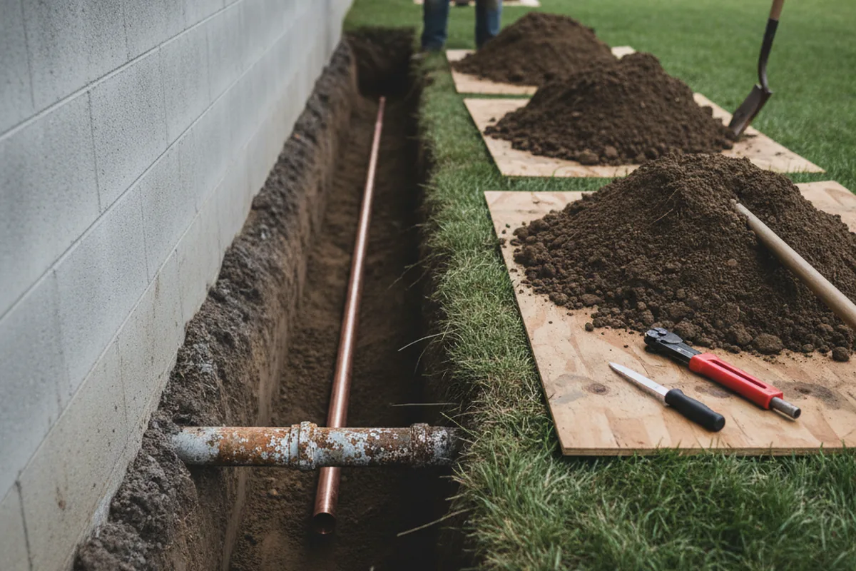 Excavated water line trench during Sewer Line Repair in Mason